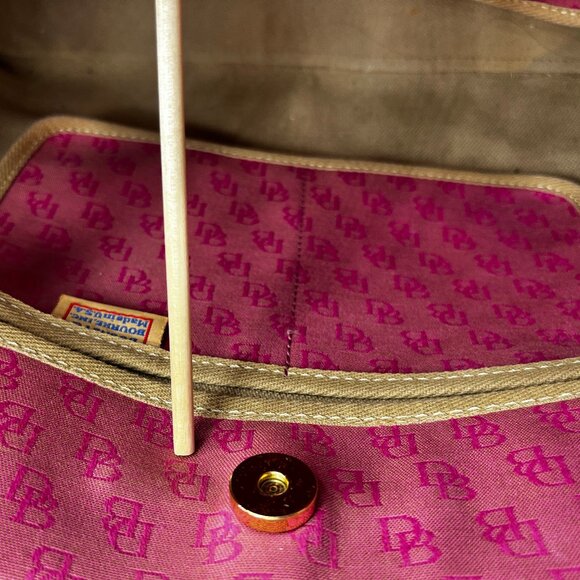 DOONEY BOURKE LARGE SATCHEL DARK PINK CANVAS LIGHT PINK "DB" LOGO WITH TAN TRIM - Picture 5 of 10